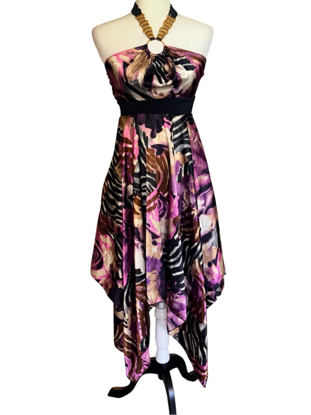 Famosa Beaded Halter Silky Handkerchief Hem Dress Size Small